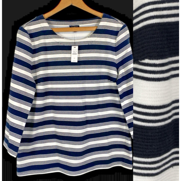 Talbots Top Medium Black White Stripe Textured Ribbed Knit NEW Preppy Old Money - Picture 1 of 13